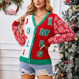 Christmas Sweater Red Casual Letter Jacquard V-neck Knitted Cardigan