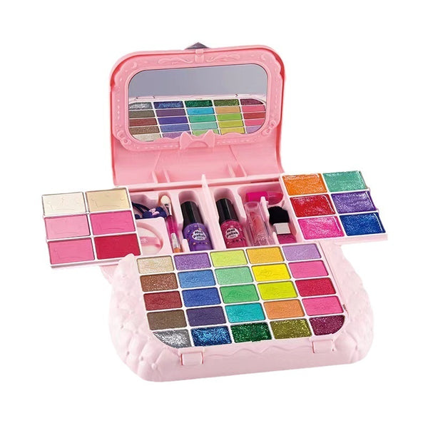 Kids Makeup Set featuring colorful eyeshadows, lip glosses, and accessories in a portable case.
