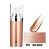 Liquid Highlighter in Rose Gold shade, featuring a sleek pump bottle and shimmering swatch for radiant skin.