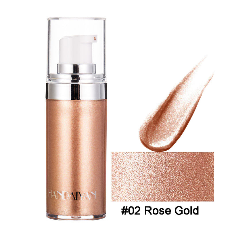 Liquid Highlighter in Rose Gold shade, featuring a sleek pump bottle and shimmering swatch for radiant skin.