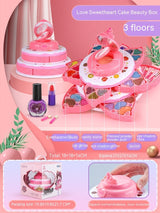 Kids Makeup Set - Love Sweetheart Cake Beauty Box with eyeshadows, lip glosses, and powder puff for creative play.