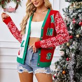 Christmas Sweater Red Casual Letter Jacquard V-neck Knitted Cardigan