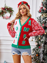 Christmas Sweater Red Casual Letter Jacquard V-neck Knitted Cardigan