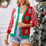 Christmas Sweater Red Casual Letter Jacquard V-neck Knitted Cardigan