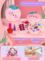 Kids Makeup Set featuring a peach-shaped beauty box with colorful cosmetics and accessories for young girls.