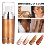 Liquid Highlighter in a glass bottle with shimmer swatches on the side for face and body use.