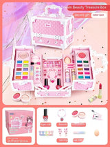 Kids Makeup Set in a pink treasure box, featuring colorful cosmetics and accessories for creative play.
