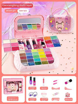 Kids Makeup Set featuring colorful eyeshadows, lipsticks, and glitter in a portable beauty bag for girls.