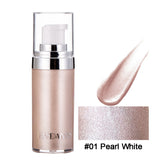 Liquid Highlighter in #01 Pearl White showcasing smooth, shimmering texture for a luminous glow on face and legs.