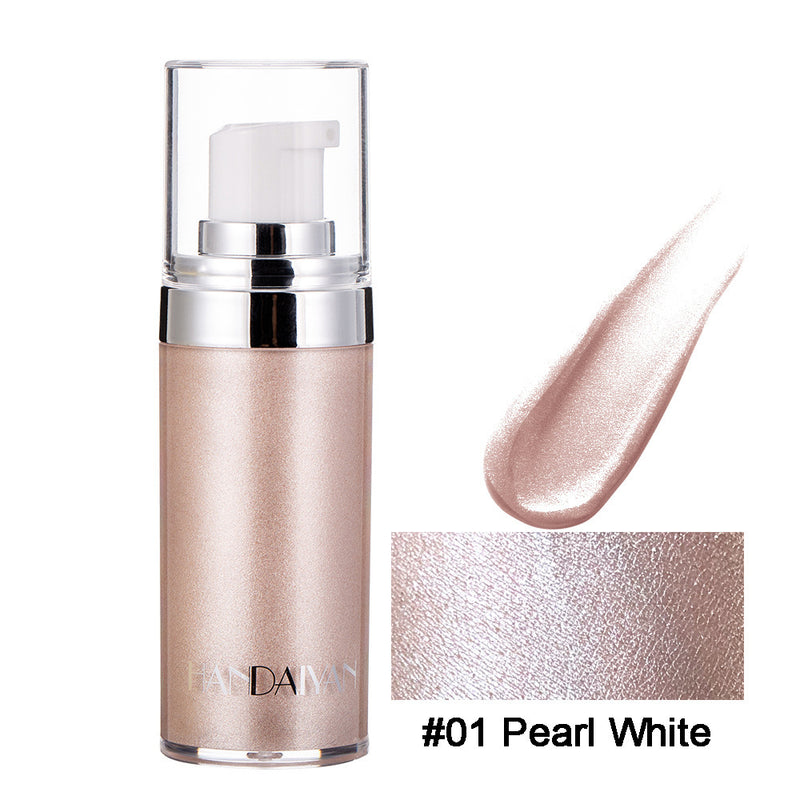 Liquid Highlighter in #01 Pearl White showcasing smooth, shimmering texture for a luminous glow on face and legs.