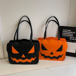 Pumpkin Shoulder Bag collection featuring black and orange designs with spooky pumpkin faces for Halloween festivities.