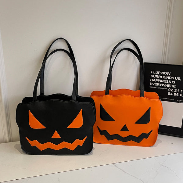 Pumpkin Shoulder Bag collection featuring black and orange designs with spooky pumpkin faces for Halloween festivities.