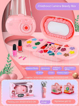 Kids Makeup Set displayed within a childhood camera beauty box featuring nail polish, eyeshadow, and makeup accessories.