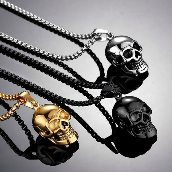 Men's Skull Necklace featuring black and gold skull pendants with stylish chains, perfect for punk fashion.