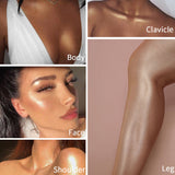 Liquid Highlighter enhancing the glow of the body, face, shoulder, and legs with a luminous shimmer.